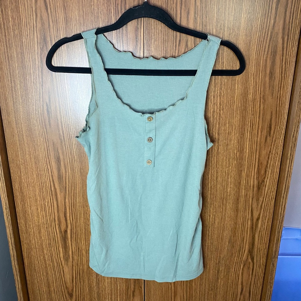 SHEIN Tank Top Women Small Sage Green Ribbed Lettuce Trim Henley Button‎ Front
